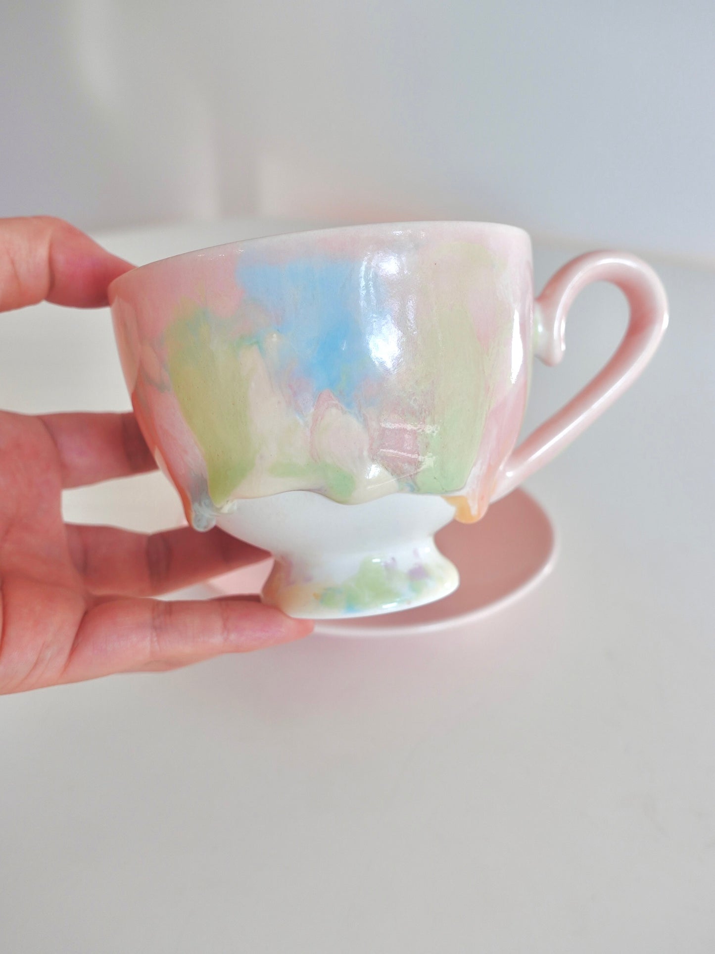 Drippy Pastel Tea Cup and Saucer Set
