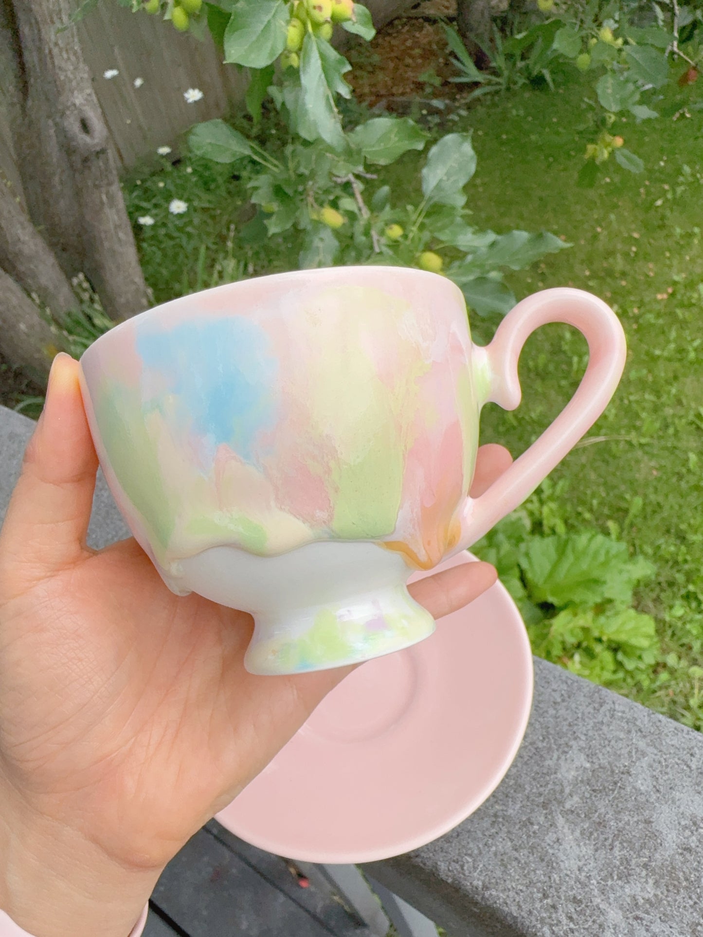 Drippy Pastel Tea Cup and Saucer Set