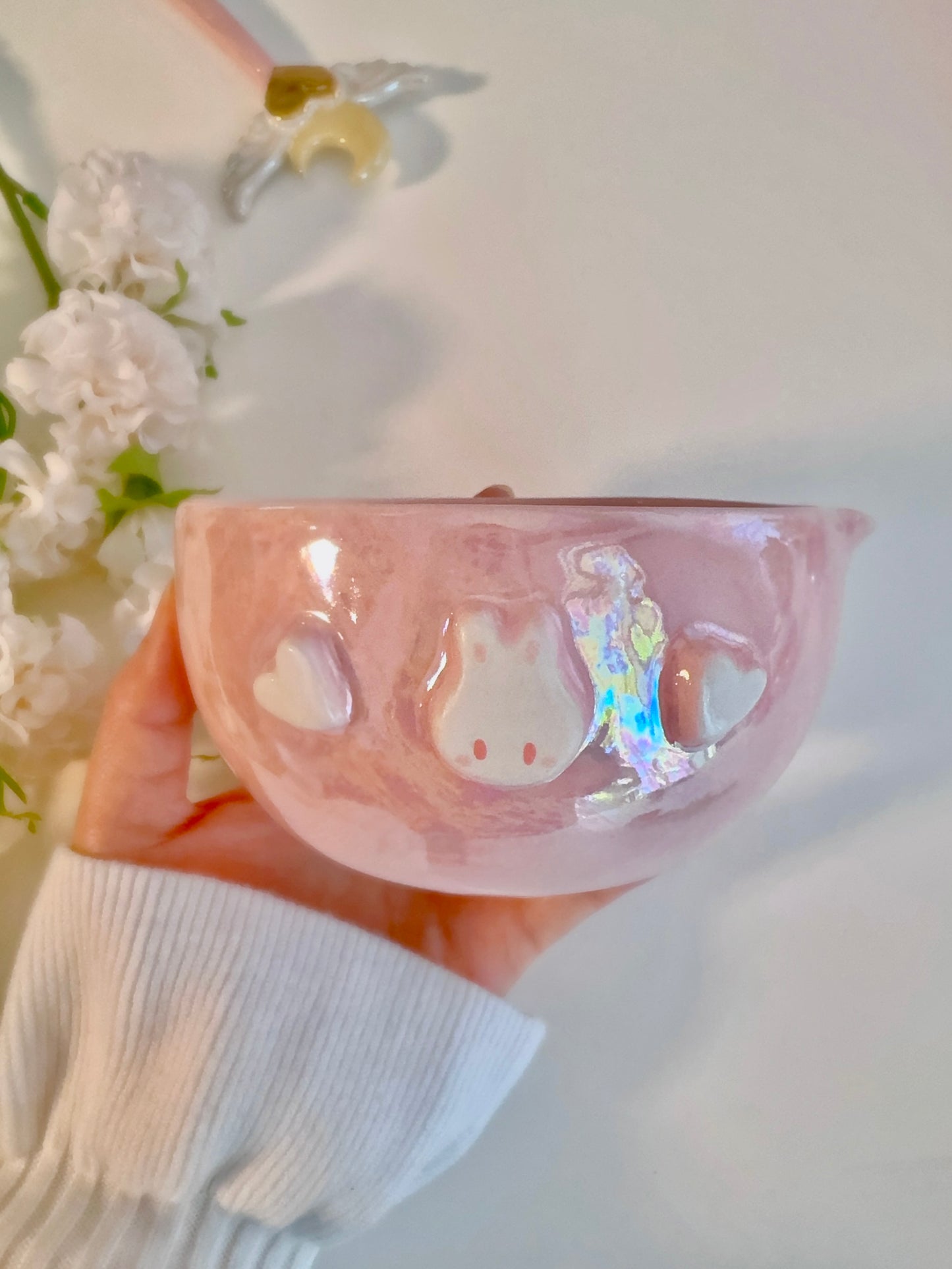 Pink Bun Bun Hearts Matcha Bowl